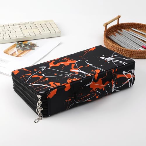 300 Slots Canvas Pencil Case 4-Layer Zipped Holder w/Handle - color: Orange Splash Ink, size: 300