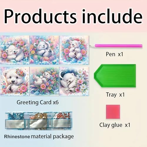 DDGYP 6 Pack Diamond Art Cards with Envelopes, 5.9x5.9 Inch Folded - color: Bear