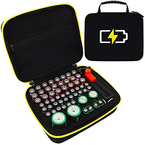 Battery Organizer Case- Hard Storage Box Bag Holder - Holds 60+ Batteries AA AAA C D 9V Tester BT-168 (Batteries are Not Included) - size: 60 holes