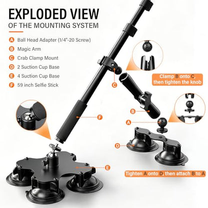 BMZX Dual & Quad Suction Cup Car Mount Kit for Insta360 X5 X4 X3, 360 Camera Car Mount for GoPro & DJI Action Cameras, Heavy Duty Windshield Mount with Magic Arm & Extension Pole