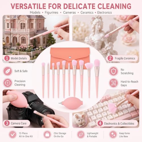Ferrochef 12 Pcs Model Cleaning Brush Kit Figurine Dusting Brush, Pink - color: Pink