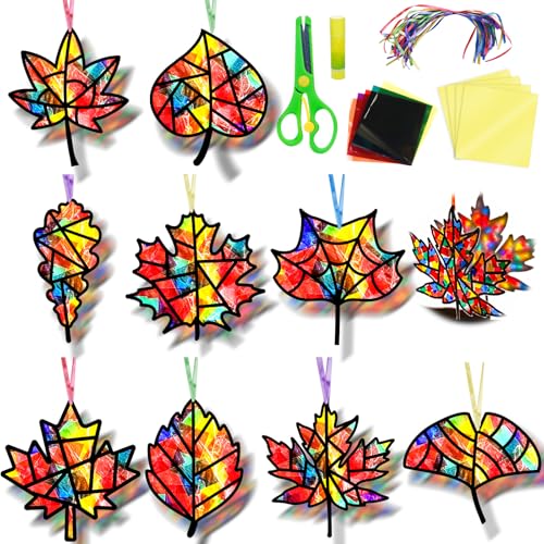 EggSun 36 Sets Fall Thanksgiving Maple Leaf Suncatchers Craft Kit for Kids Ornaments Stained Glass Window Arts and Crafts Kit for Classroom Holiday Projects Home Party Favors Decorations Ages 4 8 12 - style: Fall Maple Leaf