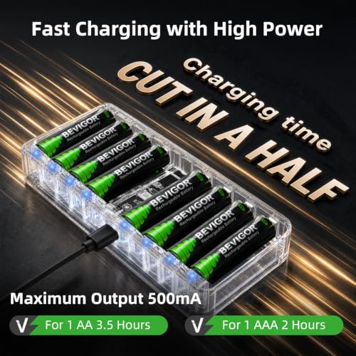 AA AAA Battery Charger for Rechargeable AA AAA Battery, Charger only - size: 8 Bay Charger - transparent