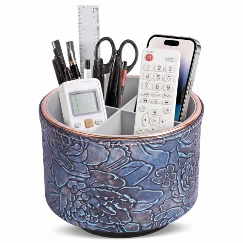 Round Leather Art Supply Organizer,Remote Control Holder,360 Degree Spinning,Multi-Functional Pencil Holder,4 Compartments Desktop Stationary Organizer(1-Gold Rich Blue) - color: 1-Gold Rich Blue