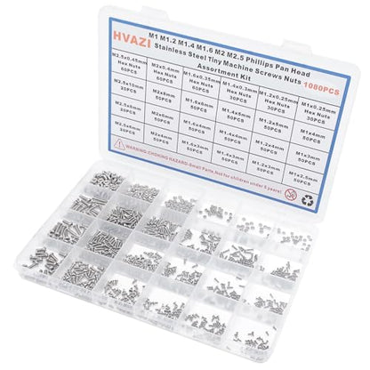 1080PCS M1-M2.5 304 SS Phillips Pan Head Tiny Machine Screws Nuts Kit - size: M1/M1.2/M1.4/M1.6/M2/M2.5