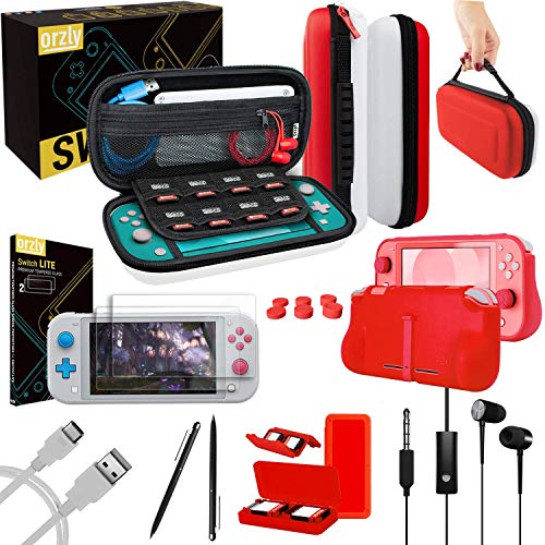 Orzly Accessories Bundle Compatible for use with Nintendo Switch Lite - Protective Case & Screen Protector, USB Cable, Games Holder, Comfort Grip Case, Headphones, Thumb-Grip Pack & More - Red & White - color: Red / White
