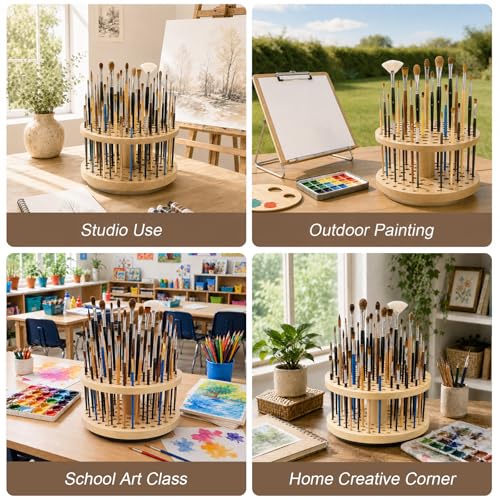 360° Rotating Hardwood Paint Brush Holder, 72‑Hole Organizer - color: Yellow（72 Holes)S