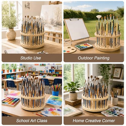 360° Rotating Hardwood Paint Brush Holder, 72‑Hole Organizer - color: Yellow（72 Holes)S
