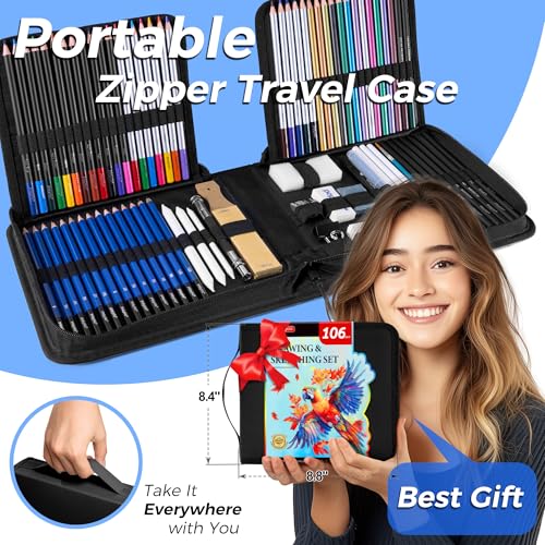 106 Pack Drawing Set Sketching Kit, Pro Art Supplies Sketch Pencils Set - color: Black, size: 106 Pack