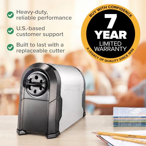 Bostitch Office SuperPro Glow Electric Pencil Sharpener, Sharpens Standard & Colored Pencils, Heavy Duty Commercial Classroom, Replaceable Cutter Cartridge System, 6-Hole, Silver/Black
