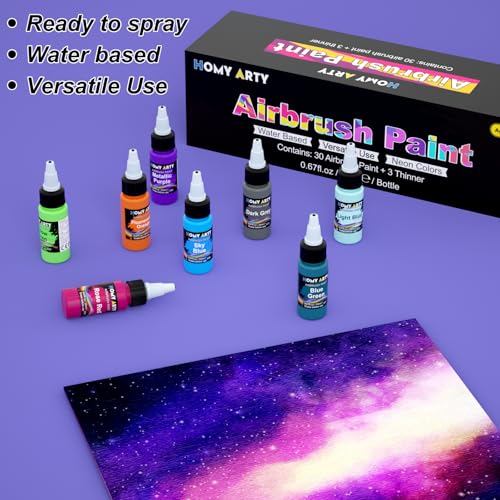 HOMY ARTY Airbrush Paint Bulk- 30 Colors with 3 Thinner - size: 15 Pack