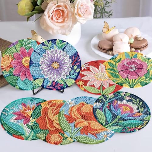 8 Pcs Flower Diamond Art Coasters, Diamond Painting Coasters - color: Flower-4