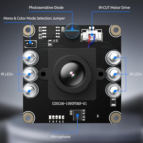 USB 2.0 UVC Camera Board 1080P Day&Night Vision Automatic IR-Cut, MEMS Microphone ESD/EMI-Protected Plug&Play for Windows/Linux/Mac/Android/Raspberry Pi/Jetson Nano/ARM Boards