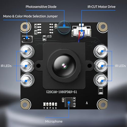 USB 2.0 UVC Camera Board 1080P Day&Night Vision Automatic IR-Cut, MEMS Microphone ESD/EMI-Protected Plug&Play for Windows/Linux/Mac/Android/Raspberry Pi/Jetson Nano/ARM Boards
