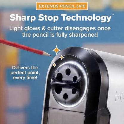 Bostitch Office SuperPro Glow Electric Pencil Sharpener, Sharpens Standard & Colored Pencils, Heavy Duty Commercial Classroom, Replaceable Cutter Cartridge System, 6-Hole, Silver/Black