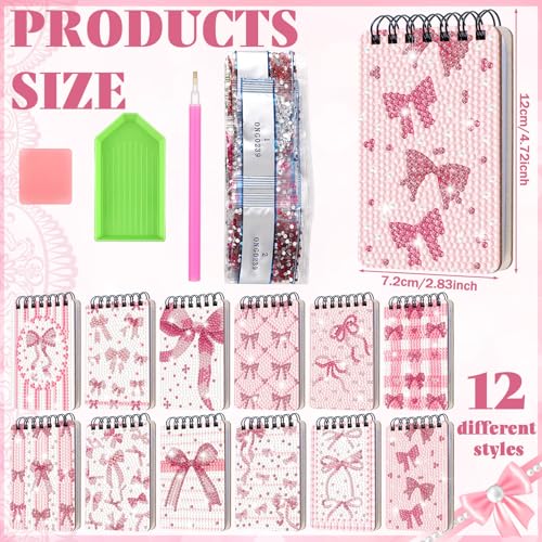 Fuyoooo 12 Pcs Pink Bow Diamond Art Notebook for Adults, 4.72 x 2.83 Inch - style: Pink Bow