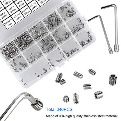 340Pcs M2.5, M3, M4, M5, M6, M8 Metric Hex Socket Head Cup Point Set Screws, Allen Head Grub Screw, Internal Hex Drive Headless Set Screw Assortment Kit with 6 Hex Wrenches, 304 Stainless Steel - color: Silver-340pcs Metric M2.5-M8 Cup Point Set Screw
