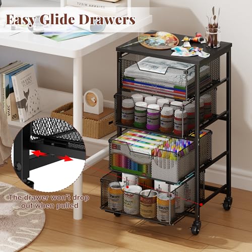 Rolling Cart with Drawers, Utility Storage Cart with Lockable Wheels, Metal snack cart, Under Desk Storage for Office, Kitchen, Craft, and Art Supplies, Black