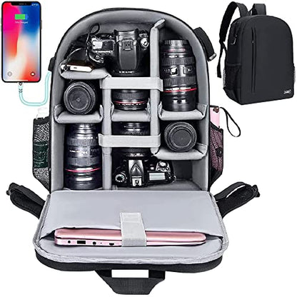 Cwatcun Camera Backpack Bag, Waterproof DSLR Bag with USB Port & Rain Cover - color: Black, size: 3.0 Large