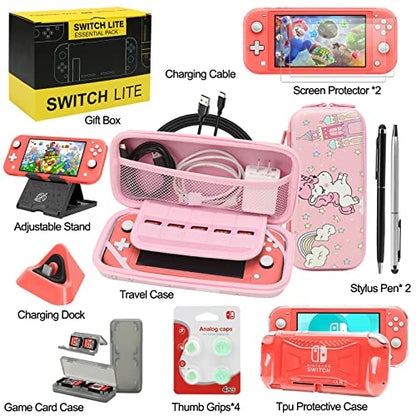 Switch Lite Accessories Bundle, Kit with Carrying Case,TPU Case Cover with Screen Protector,Charging Dock,Playstand, Game Card Case, USB Cable, Stylus,Thumb Grip Caps for Nintendo Switch Lite (Pink) - color: Pink