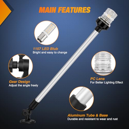 Nilight Marine Boat Stern Light 24" White Fold Down Anchor Lights - color: 24Inch Boat Stern Light