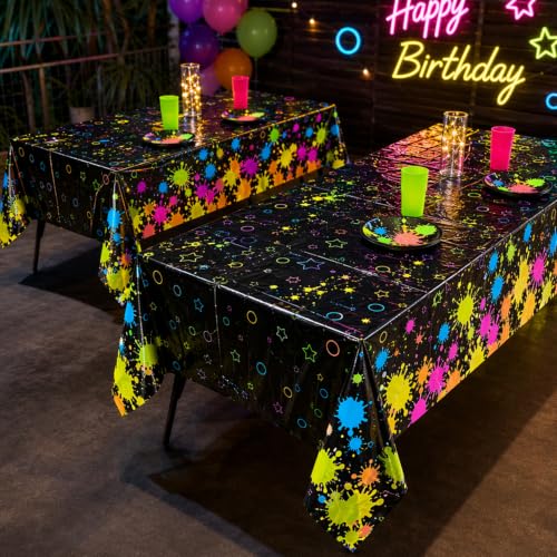 2 Pack Neon Paint Splatter Glow in the Dark Plastic Tablecloth 54x108 Inch - color: Neon Glow Tablecloth