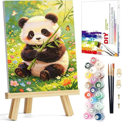 HITO Panda Paint by Numbers Kit for Kids with Frame Easel 8x12 inch - color: Panda with Bamboo