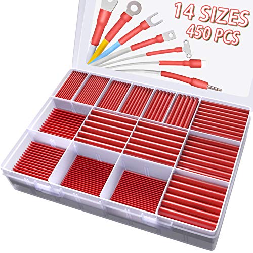 450 Pcs Heat Shrink Tubing Kit - 2:1 Red Heat Shrink Tube, 14 Sizes Electrical Shrink Tubing Wire Wrap Industrial Shrink Tubes Assortment for Wires Repairs, Soldering, Automotive Wiring - color: Red