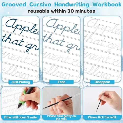 gisgfim Grooved Cursive Handwriting Workbook Magic Reusable Grooved Cursive Handwriting Practice Guided Tracing with Disappearing Ink Pens for Beginners Kids Learning Activities Supplies (Reading) - style: Reading