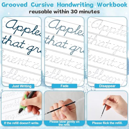 gisgfim Grooved Cursive Handwriting Workbook Magic Reusable Grooved Cursive Handwriting Practice Guided Tracing with Disappearing Ink Pens for Beginners Kids Learning Activities Supplies (Reading) - style: Reading