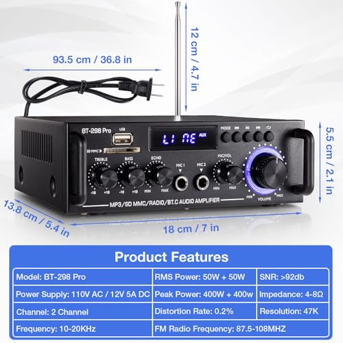 Facmogu BT-298 Pro Home Audio Amplifier, Bluetooth 5.0 800W Stereo Receiver - style: MAX 400Wx2