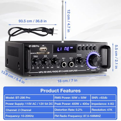 Facmogu BT-298 Pro Home Audio Amplifier, Bluetooth 5.0 800W Stereo Receiver - style: MAX 400Wx2