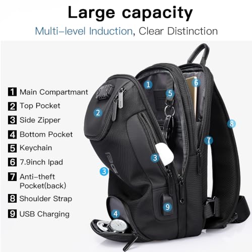 BANGE Men's Sling Backpack - Waterproof Crossbody Bag, Multi-Purpose Shoulder Bag - color: Black(no Logo)