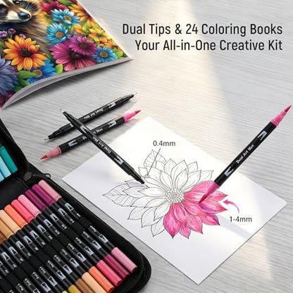 168 Colors Dual Brush Art Pens with Coloring Pages
