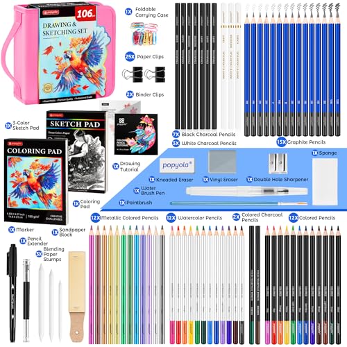 106 Pack Drawing Set Sketching Kit, Pro Art Supplies Sketch Pencils Set - color: Pink, size: 106 Pack