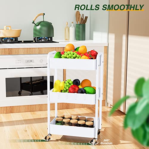 LEHOM 3 Tier Rolling Cart, Metal Rolling Utility Cart with Lockable Wheels - color: White