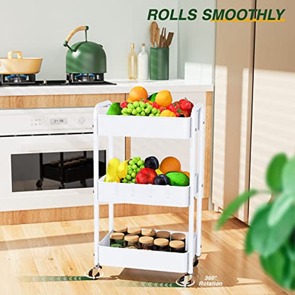 LEHOM 3 Tier Rolling Cart, Metal Rolling Utility Cart with Lockable Wheels - color: White