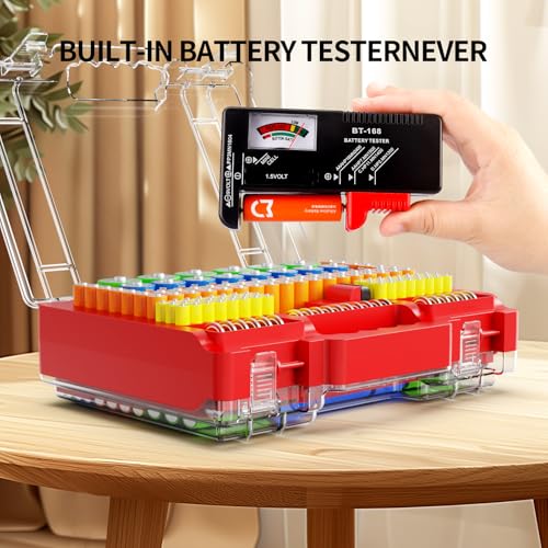 Molutsody Battery Organizer Box with Tester, Storage Case Holds 260 Batteries, Double Clear Locking Lid for AA AAA C D 9V - Red (Batteries Not Included) - color: Red