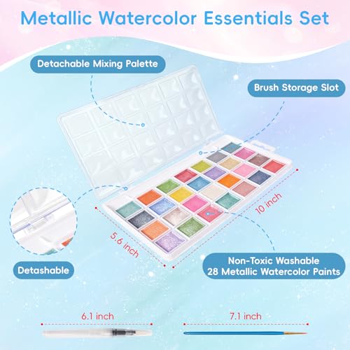 28 Metallic Colors Washable Watercolor Paint Set, with 2 Brushes Pen