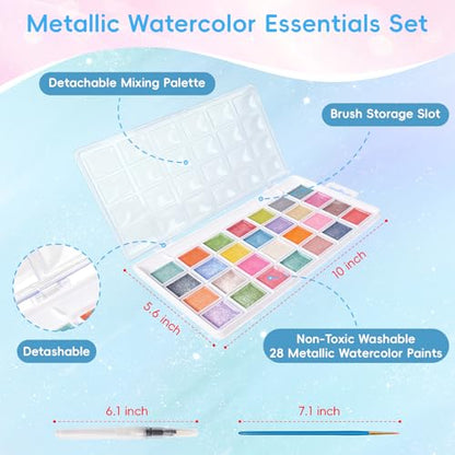 28 Metallic Colors Washable Watercolor Paint Set, with 2 Brushes Pen