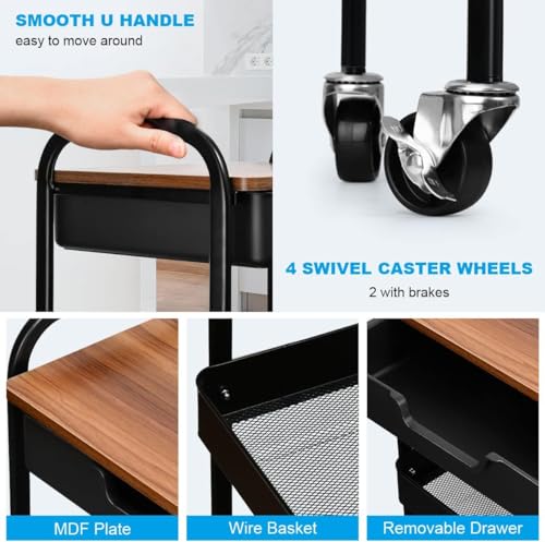 3 Tier Rolling Cart with Drawer, Metal Utility Cart with Table Top - color: Black