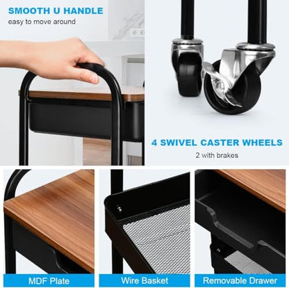 3 Tier Rolling Cart with Drawer, Metal Utility Cart with Table Top - color: Black