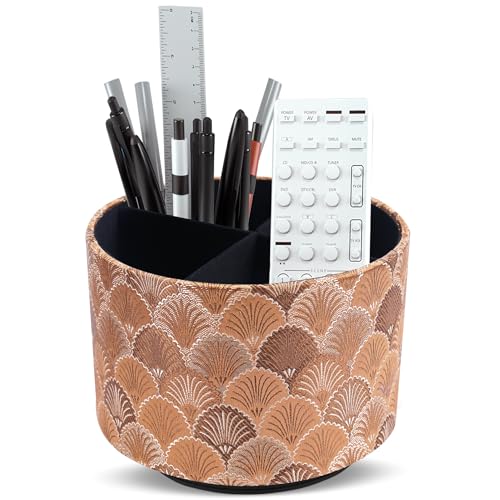 Round Leather Art Supply Organizer,Remote Control Holder,360-degree Rotating Pen Organizer with 4 Compartments(1-Peacock Copper) - color: 1-5Peacock Copper