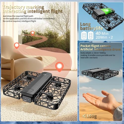 Folding Selfie Drone with 2K HD Camera Gesture Control & Auto Follow Me Quadcopter Waypoint Flight, Stunt Mode, 360° Protection, One-Key Operation，For Adults Gesture Control