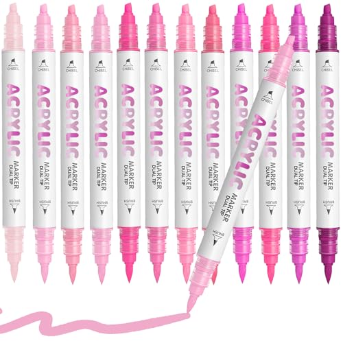 Pink Acrylic Paint Pens, Water Based 12 Colors Dual Tip - color: Pink Series