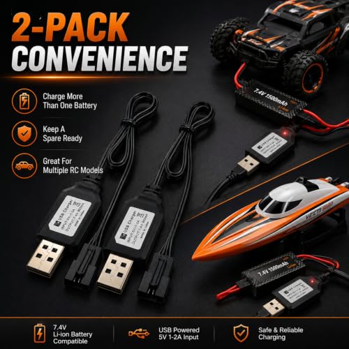 SM-4P USB Charger Cable Replacement for RC Car, RC Boat 7.4V Charger Plug, USB Charging Cable - 2Pack