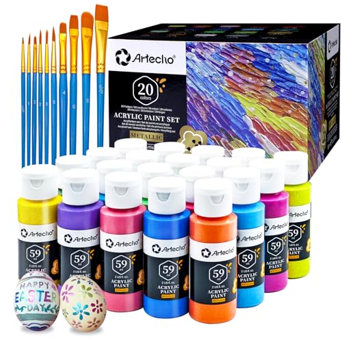 Artecho Acrylic Paint Set 20 Metallic Colors 2oz/59ml with 10 Brushes - color: 20 Metallic Colors