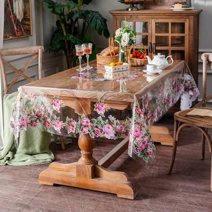ARTABLE Clear Vinyl Tablecloth Rose Floral Print Wipeable 52 x 70 Inch - color: Rose, size: 70" x 52" (Rectangular)