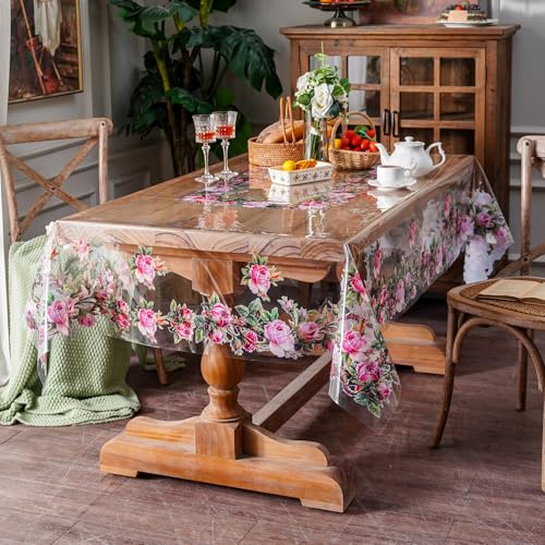 ARTABLE Clear Vinyl Tablecloth Rose Floral Print Wipeable 60 x 120 Inch - color: Rose, size: 120" x 60" (Rectangular)