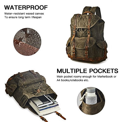 Heavy-Duty Waxed Canvas Rucksack Backpack - color: Dark Brown, size: 400 x 340 x 190 mm - Standard